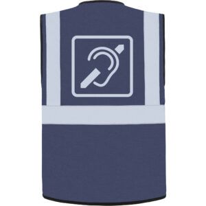 Rückseite einer navy farbigen Warnweste, mit reflektierendem "Hörgeschädigt" Rückenlogo.
