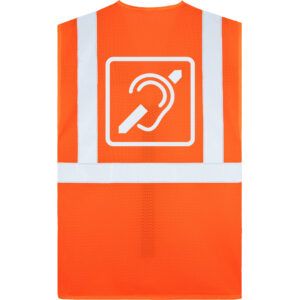 Rückseite einer orangen Warnweste, mit reflektierendem "Hörgeschädigt" Rückenlogo.