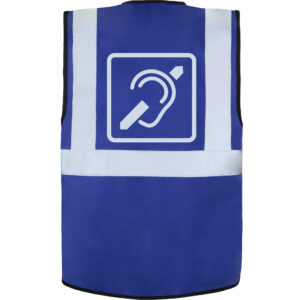 Rückseite einer blauen Warnweste, mit reflektierendem "Hörgeschädigt" Rückenlogo.