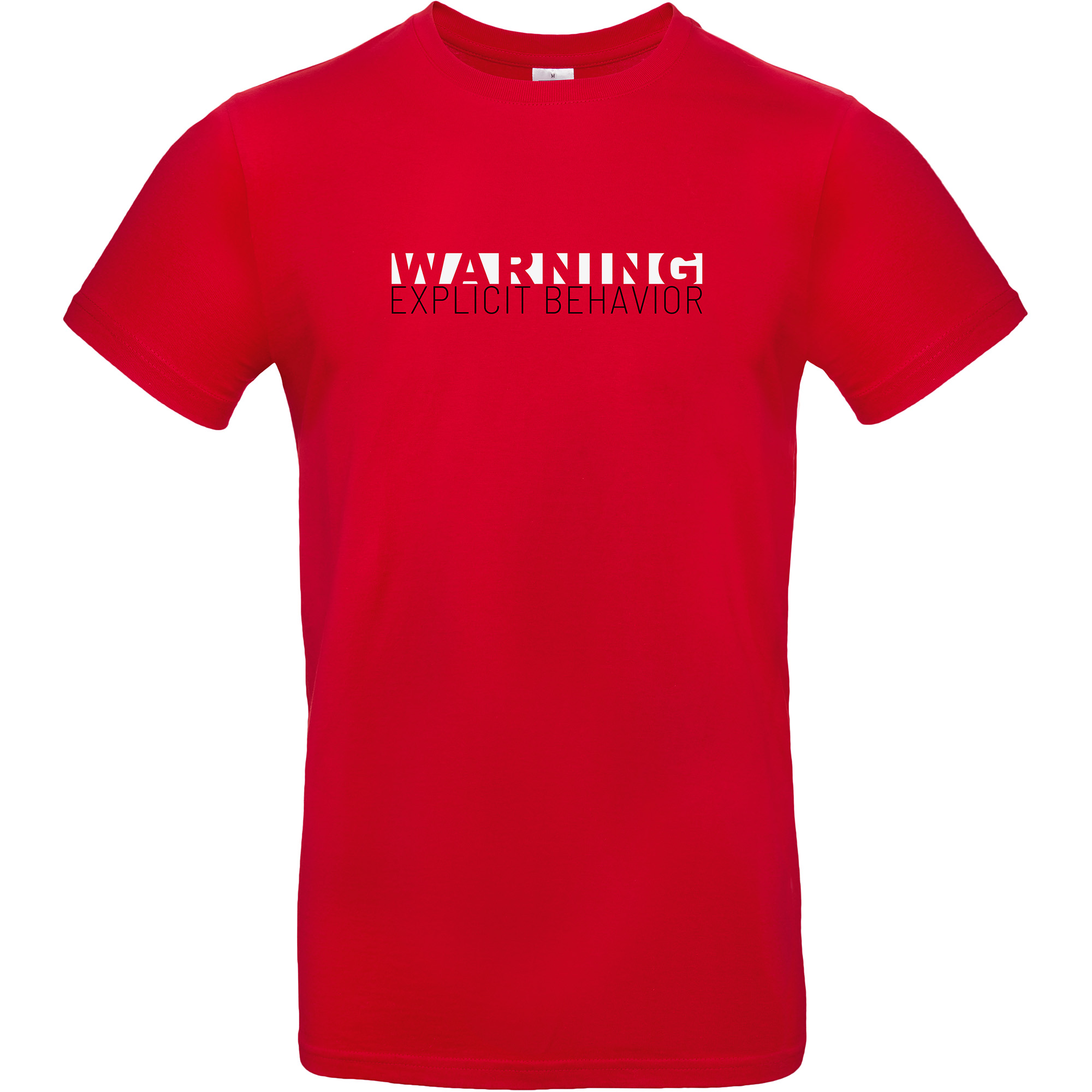 Rotes Herren Shirt mit "Warning Explicit Behavior" Schriftzug als Aufdruck. Der Aufdruck auf dem T-Shirt besteht aus zwei Zeilen, in Zeile eins steht "Warning" in rot und darunter "Explicit Behavior" in schwarzer Schrift.