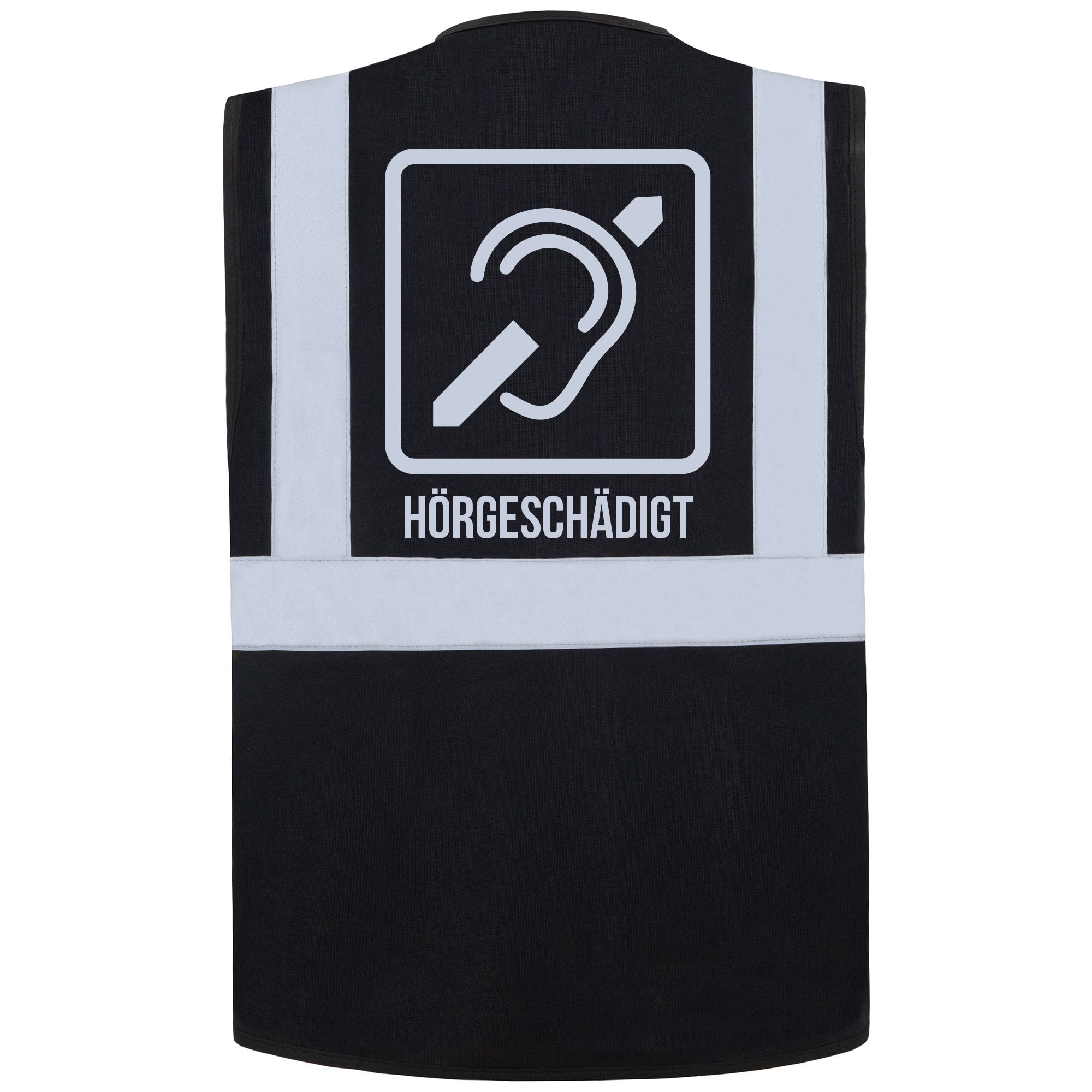 Rückseite einer schwarzen Warnweste, mit reflektierendem "Hörgeschädigt" Symbol und "Hörgeschädigt" Schriftzug unter dem Logo