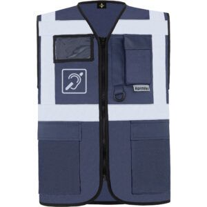 Navy farbige Warnweste mit "Hörgeschädigt" Symbol als Brustlogo, Reißverschluss, Reflektoren, Ausweistasche, 2 Taschen mit Klettverschluss-Klappen und Smartphone Tasche