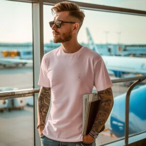 Junger Herr mit rosa T-Shirt mit einem minimaoistischem "Peace" Handzeichen Aufdruck auf der linken Brust.