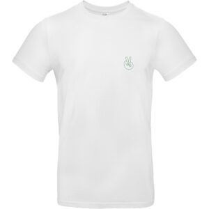 Herren Shirt in der Farbe weiß mit grünem "Peace" Handzeichen Aufdruck auf der linken Brustseite